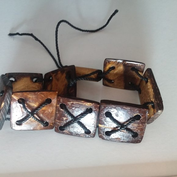 Coconut Wood Bracelet Anklet Square Tiles Artisan Made Philippines Small, 7" - Picture 5 of 6